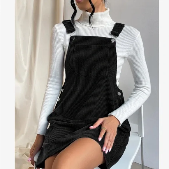 Classic Elegant Corduroy Solid Pocket Jumper Overall Dress Without Sweater - Picture 7 of 13
